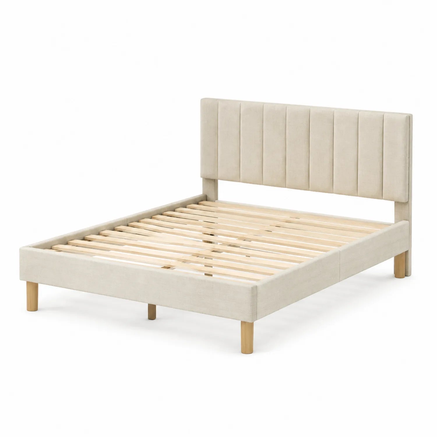 Cama doble tapizada con cabecera de poliéster beige 200x150 cm