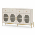 Aparador de MDF con puertas de vidrio acanalado y tiradores metálicos, 150x40x90 cm, Blanco/Dorado