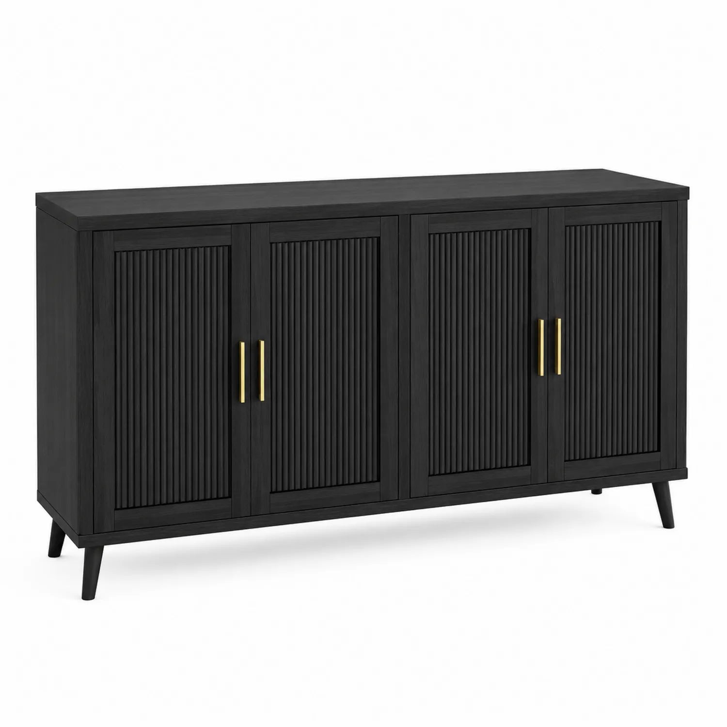 Aparador de madera negro con puertas estriadas y tiradores de metal dorado