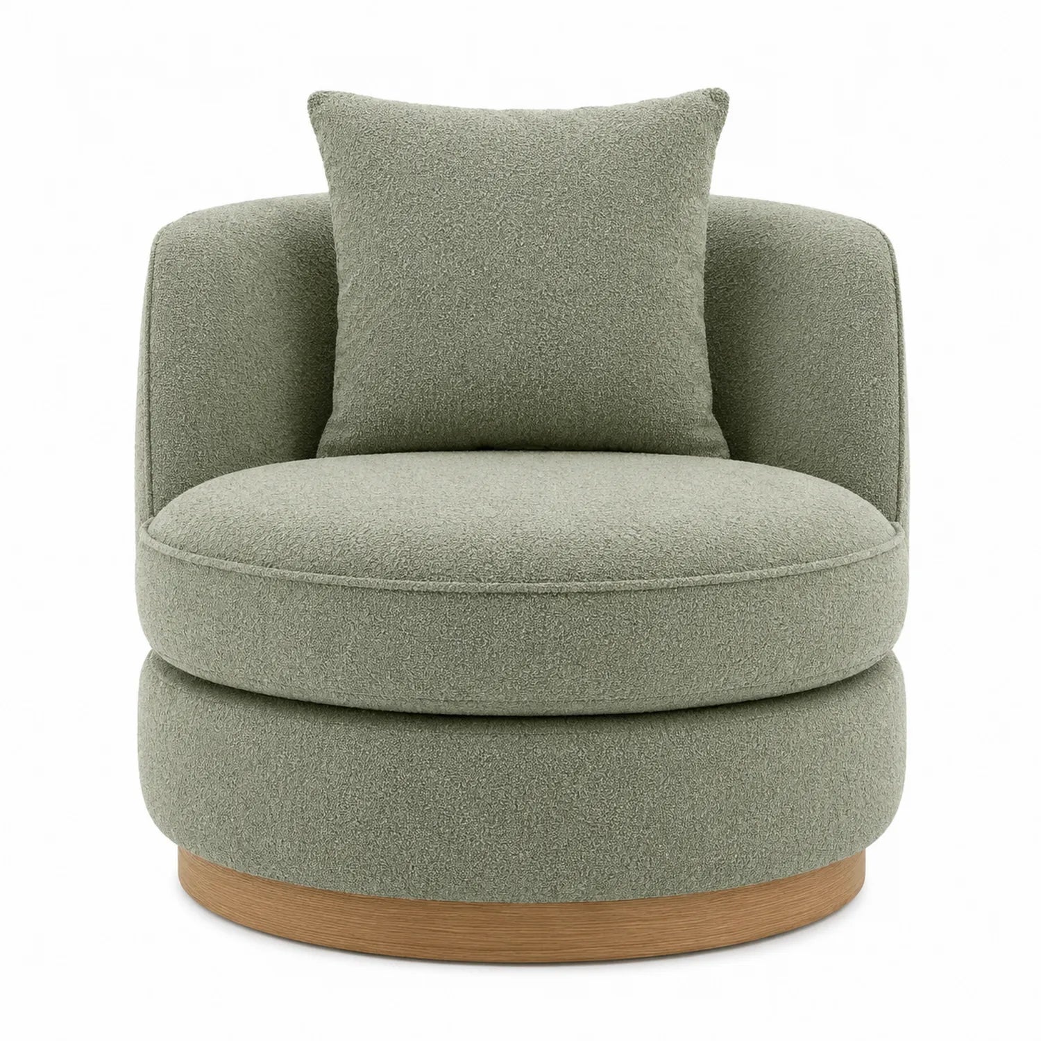 Silla giratoria de tela bouclé verde con base de madera