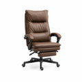 Silla de oficina de cuero sintético marrón con reposapiés y base giratoria
