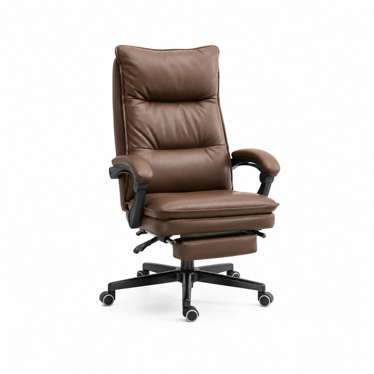 Silla de oficina de cuero sintético marrón con reposapiés y base giratoria