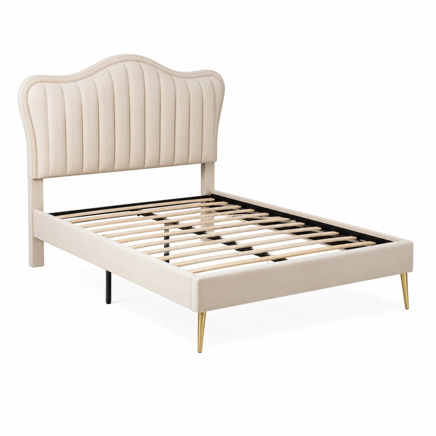 Cama con cabecero tapizado crema madera y metal 160x200 cm
