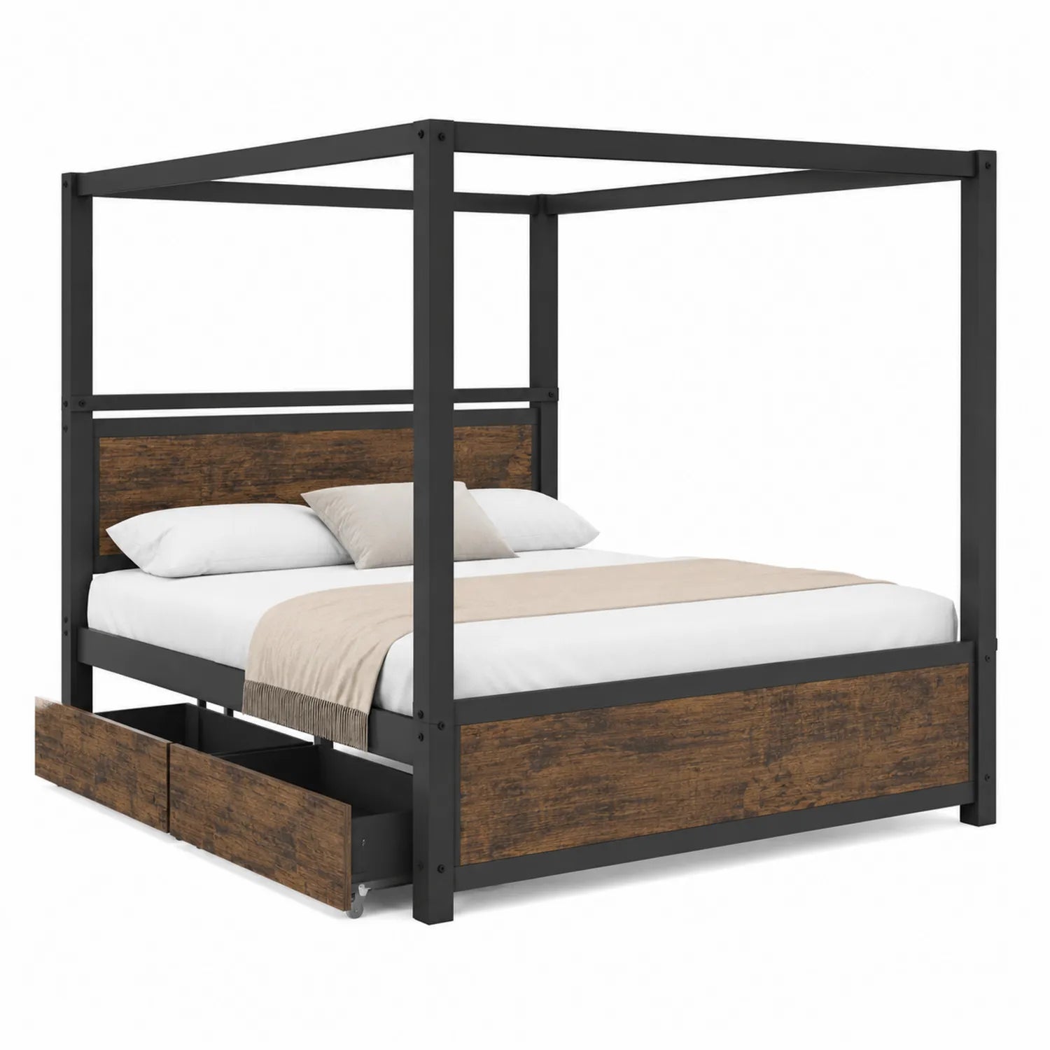 Cama con Dosel de Metal y Madera con Cajones de Almacenamiento, 200x160 cm, Negro y Madera