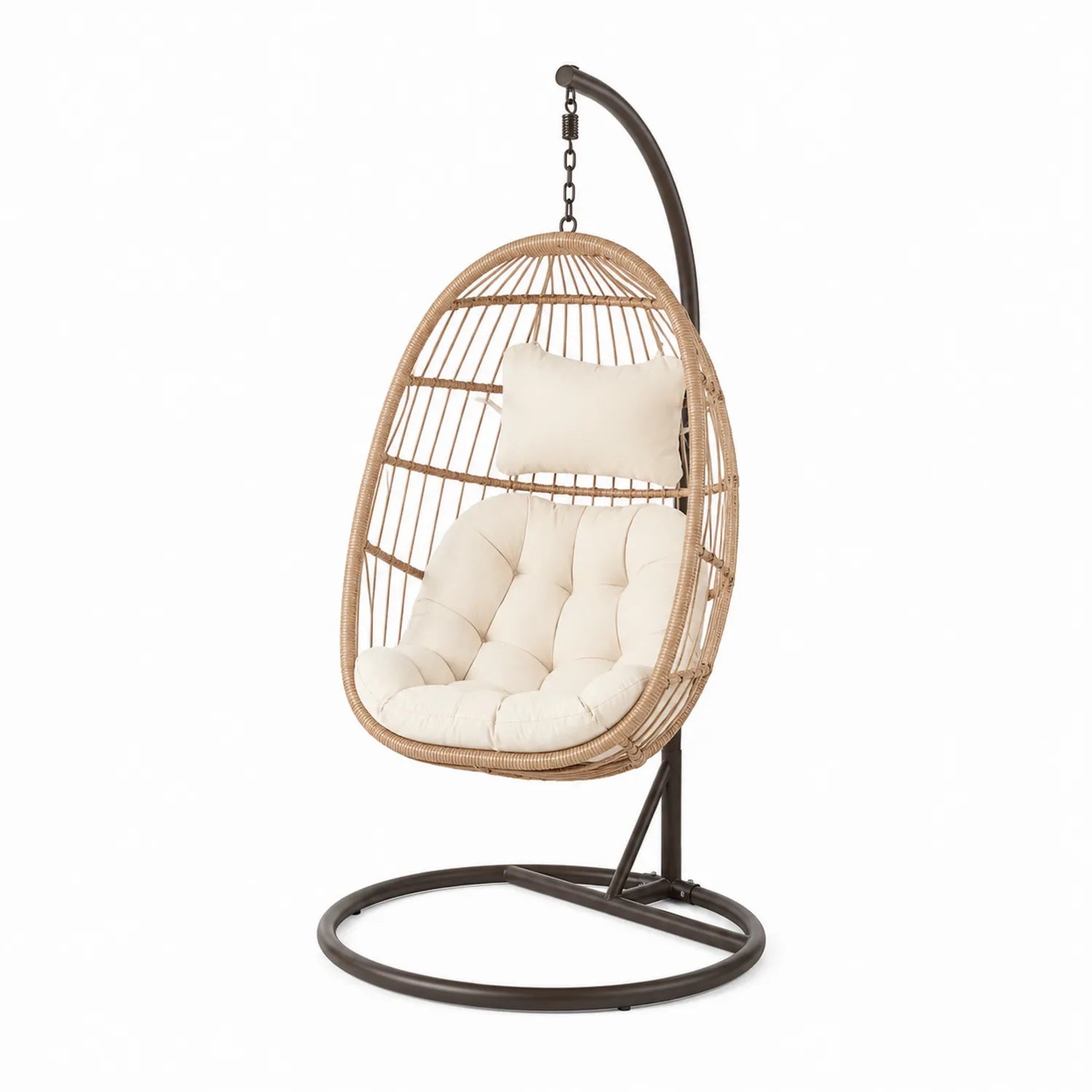 Silla colgante de ratán sintético con cojines blancos y base de metal